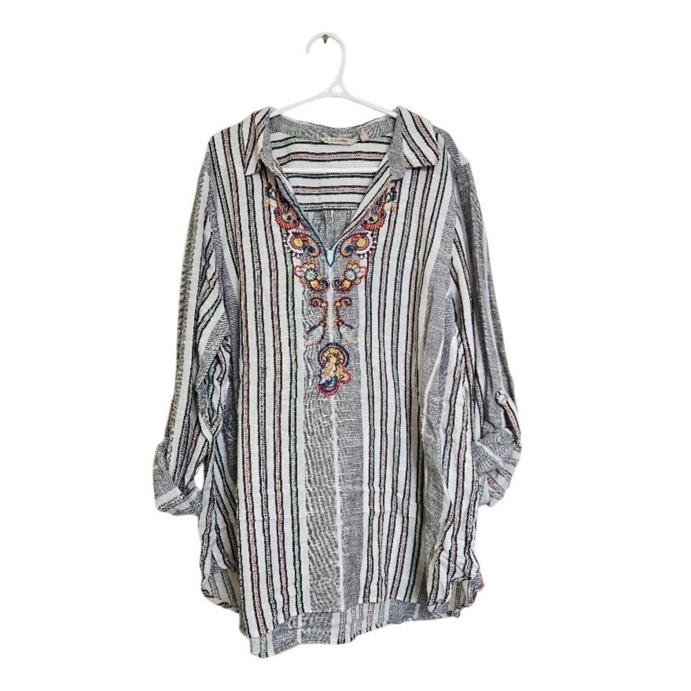 Soft Surroundings Embroidered Striped Cotton Tunic Blouse 3X Roll Tab Boho